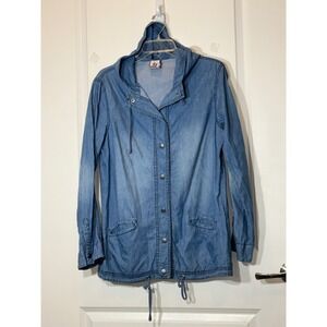 Ashley Denim Lightweight Hooded Jacket Blue‎ Chambray Drawstring Utility Women L
